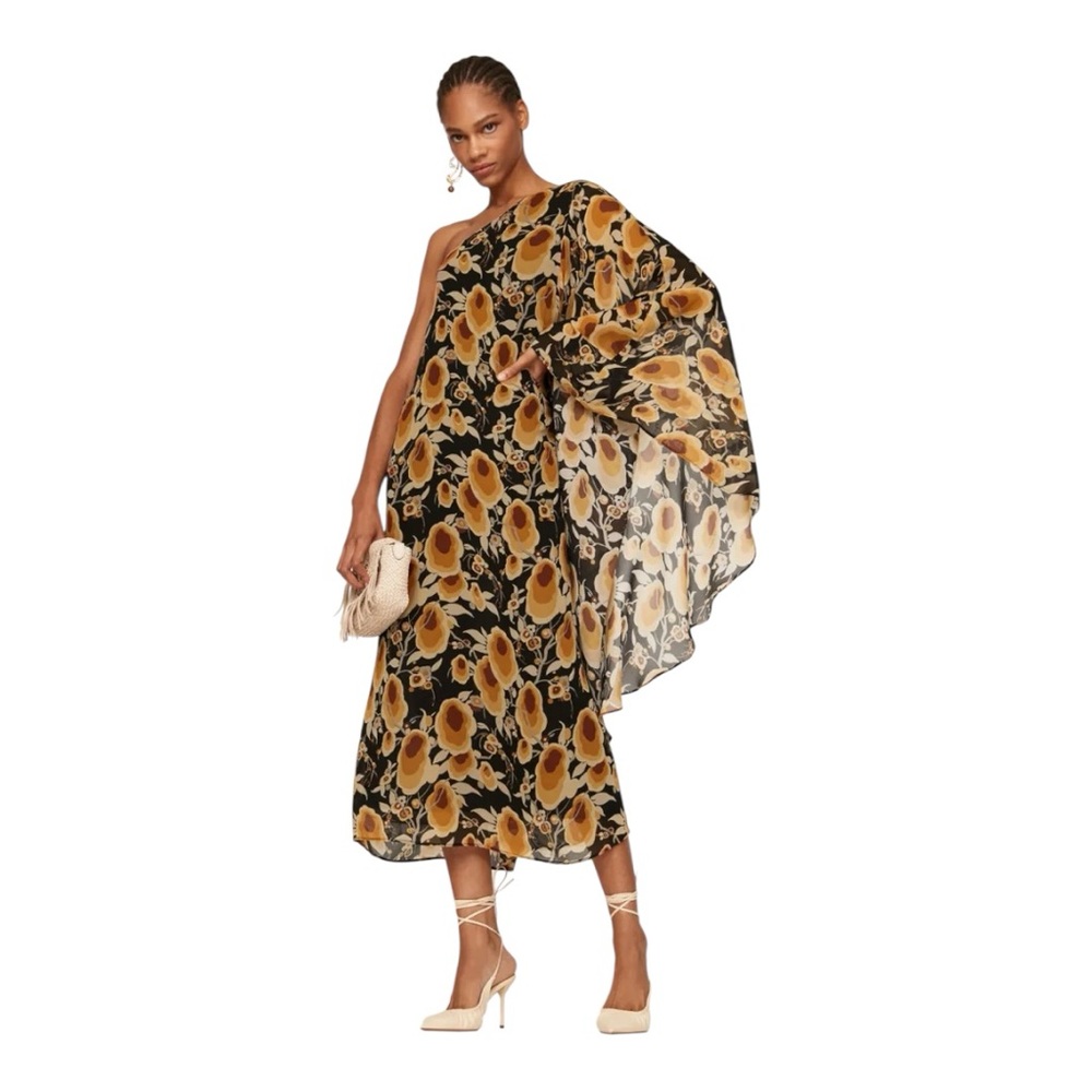 RIXO One Shoulder Dress in Black and Yellow Floral